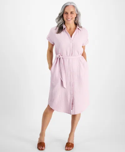 Style & Co Petite Crinkled Cotton Camp Shirt Dress, Created For Macy's In Lilac Floral