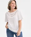 Style & Co Petite Crochet-trimmed Short-sleeve Knit Top, Exclusively At Macy's In Bright White