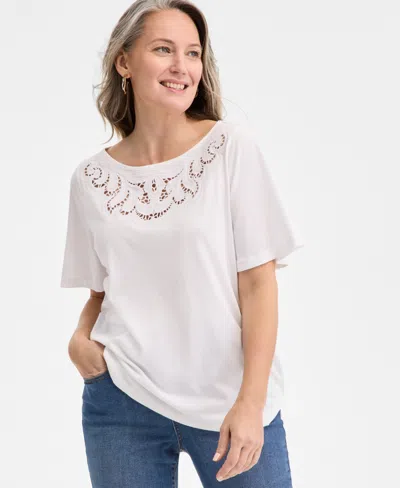 Style & Co Petite Crochet-trimmed Short-sleeve Knit Top, Exclusively At Macy's In Bright White