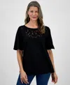 Style & Co Petite Crochet-trimmed Short-sleeve Knit Top, Exclusively At Macy's In Deep Black