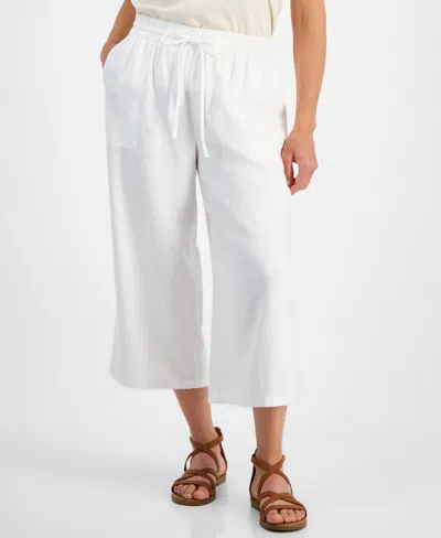 Style & Co Petite Cropped Linen Wide-leg Drawstring Pants In Bright White