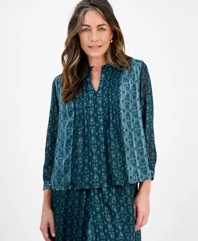 Style & Co Petite Damask Shine Pintucked Top, Macy's Exclusive In Blue