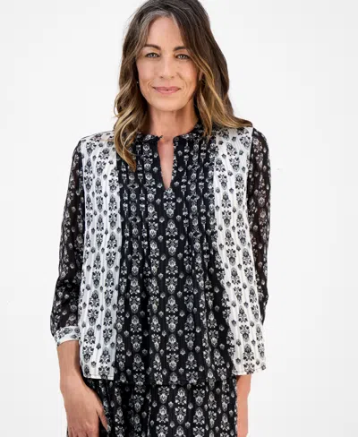 Style & Co Petite Damask Shine Pintucked Top, Macy's Exclusive In Multi