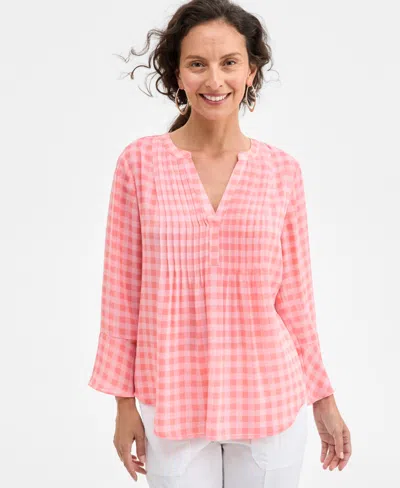 Style & Co Petite Delicate Gingham Pintucked Top, Exclusively At Macy's In Gingham Pe