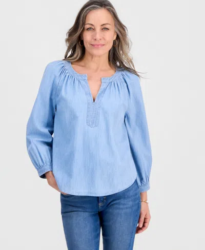 Style & Co Petite Denim Trapunto-stitch Blouse, Macy's Exclusive In Blue