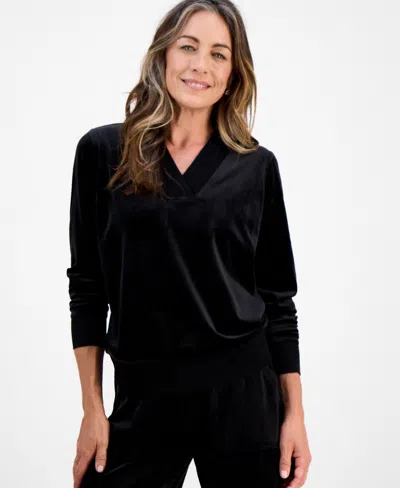 Style & Co Petite Easy V-neck Long-sleeve Velour Top, Macy's Exclusive In Black