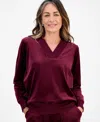 Style & Co Petite Easy V-neck Long-sleeve Velour Top, Macy's Exclusive In Burgundy
