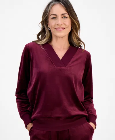 Style & Co Petite Easy V-neck Long-sleeve Velour Top, Macy's Exclusive In Burgundy