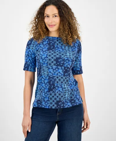 Style & Co Petite Elbow-sleeve Patchwork Top, Exclusively At Macy's In Blue