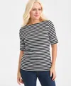 Style & Co Petite Elbow-sleeve Washed Stripe Knit Top In White