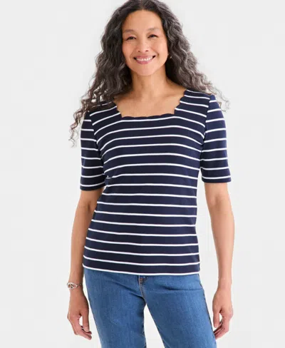 Style & Co Petite Elbow-length Scallion Clover Square Neck Top, Macy's Exclusive In Blue