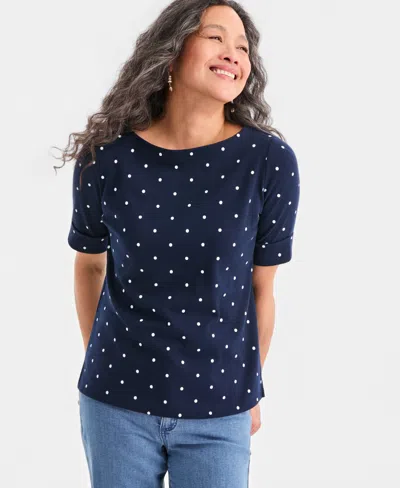Style & Co Petite Elbow-sleeve Boat Neck Knit Dot Top, Macy's Exclusive In Blue