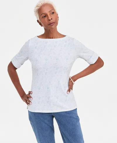 Style & Co Petite Elbow-sleeve Boat Neck Knit Top, Macy's Exclusive In Bright White Combo