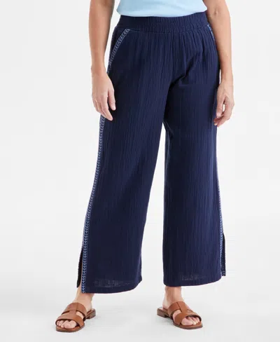 Style & Co Petite Embroidered Cotton Gauze Pull-on Pants, Exclusively At Macy's In Emb Indust