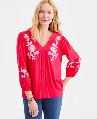 Style & Co Petite Embroidered Detail V-neck Top, Macy's Exclusive In Red