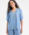 Style & Co Petite Embroidered Eyelet Scallop-edge Top, Exclusively At Macy's In Anna Wash