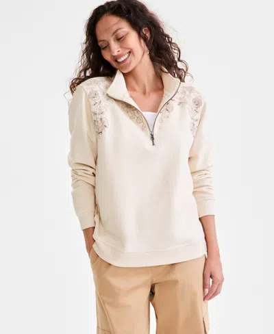 Style & Co Petite Embroidered Fleece Mock-neck Top, Exclusively At Macy's