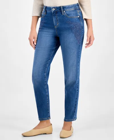 Style & Co Petite Embroidered High-rise Straight-leg Jeans, Macy's Exclusive In Blue