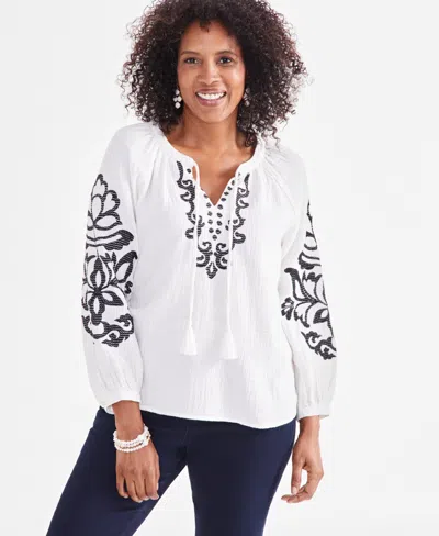 Style & Co Petite Embroidered Peasant Top, Created For Macy's In Desert Shiitake