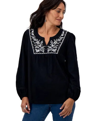 Style & Co Petite Embroidered Shimmer-knit Cotton Top, Created For Macy's In Dance Deep Black