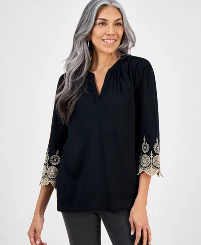Style & Co Petite Embroidered-sleeve Top, Macy's Exclusive In Black