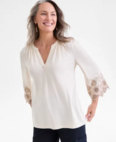 Style & Co Petite Embroidered-sleeve Top, Macy's Exclusive In White