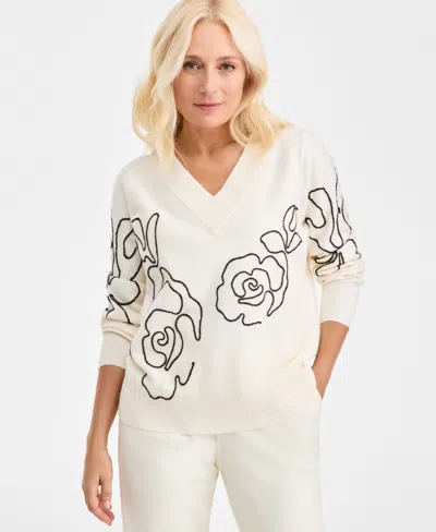 Style & Co Petite Embroidered Soutache Long-sleeve Sweater, Macy's Exclusive In White