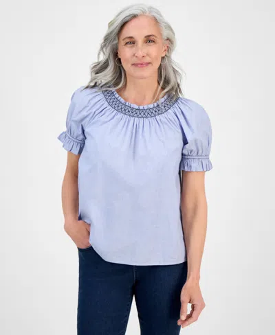 Style & Co Petite End On End Contrast-stitch Top, Exclusively At Macy's In Blue