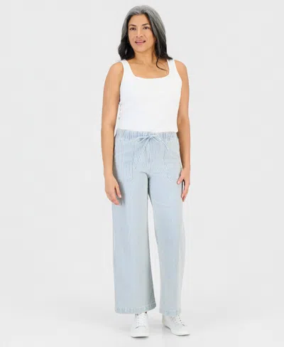 Style & Co Petite Engineer-stripe Pull-on Wide-leg Jeans, Macy's Exclusive In Blue