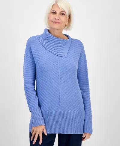 Style & Co Petite Envelope-neck Side-slit Tunic Sweater, Created For Macy's In Blue