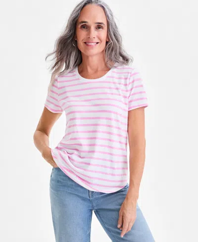 Style & Co Petite Essential Stripe Short-sleeve T-shirt, Macy's Exclusive In Pink