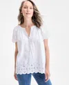 Style & Co Petite Eyelet Embroidered Cotton Flutter-sleeve Top, Exclusively At Macy's In White