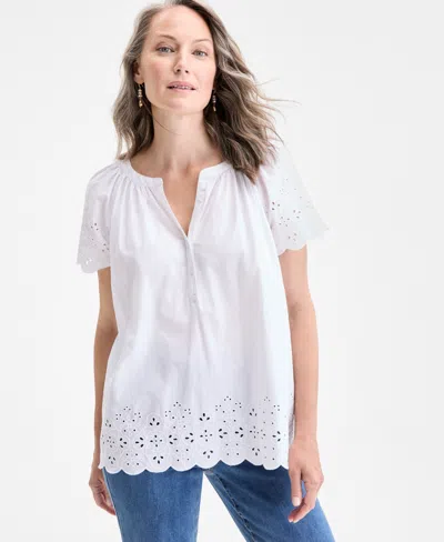 Style & Co Petite Eyelet Embroidered Cotton Flutter-sleeve Top, Exclusively At Macy's In White