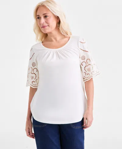Style & Co Petite Eyelet-sleeve Top, Exclusively At Macy's In White
