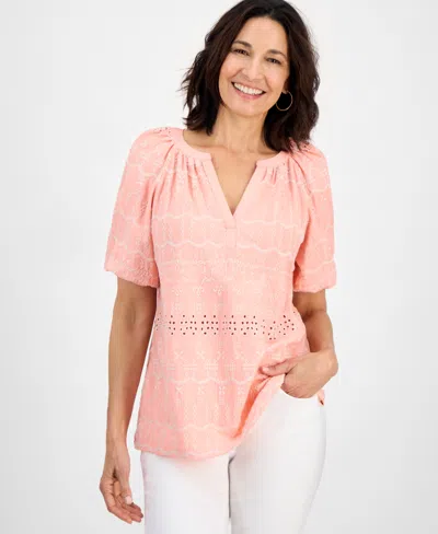 Style & Co Petite Eyelet Summer Split-neck Top, Exclusively At Macy's In Pink