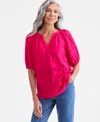 Style & Co Petite Eyelet Summer Split-neck Top, Exclusively At Macy's In Red