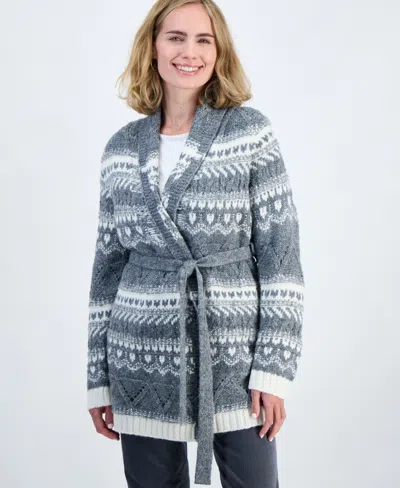 Style & Co Petite Fair Isle Long-sleeve Wrap Tie Cardigan, Macy's Exclusive In Gray