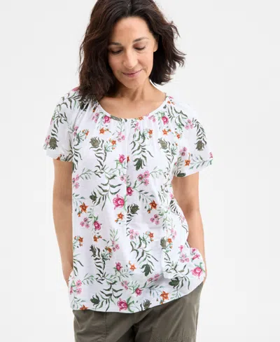Style & Co Petite Floating Fauna Flutter-sleeve Knit Top, Exclusively At Macy's In Floating White
