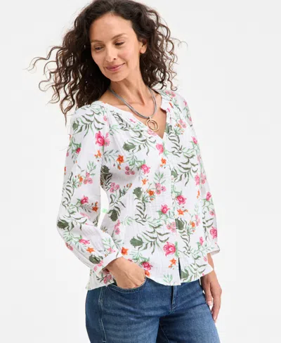 Style & Co Petite Floral Cotton Button-front Gauze Top, Exclusively At Macy's In Fauna Brig