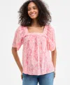 Style & Co Petite Floral Cotton Square-neck Top, Exclusively At Macy's In Pink