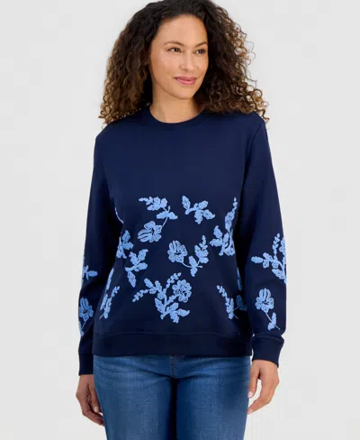 Style & Co Petite Floral-embroidered Sweatshirt, Macy's Exclusive In Blue