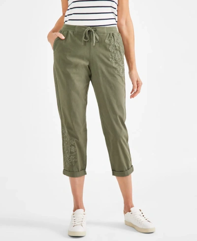 Style & Co Petite Floral-embroidered Twill-tape Pants, Created For Macy's In Oliva