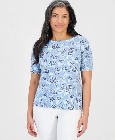 Style & Co Petite Floral Knit Elbow-sleeve Top, Macy's Exclusive In Blue