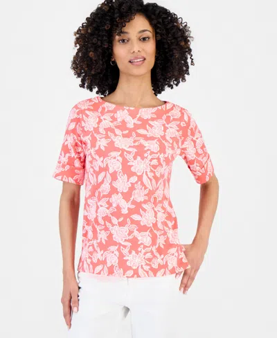 Style & Co Petite Floral Knit Elbow-sleeve Top, Macy's Exclusive In Pink