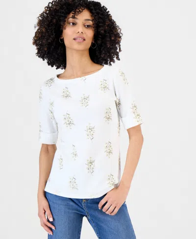 Style & Co Petite Floral Knit Elbow-sleeve Top, Macy's Exclusive In White