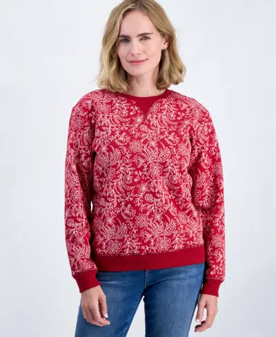Style & Co Petite Floral Long-sleeve Cotton-blend Sweatshirt, Macy's Exclusive In Red