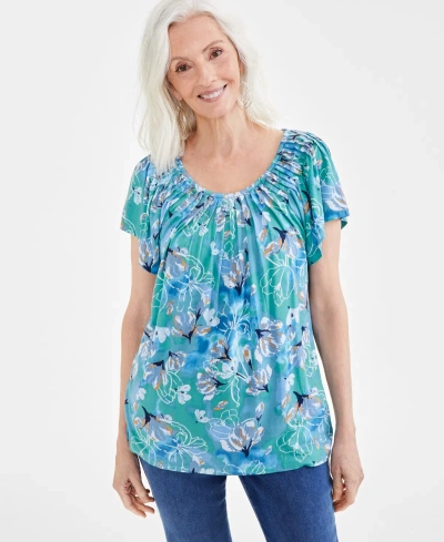 Style & Co Petite Floral Pleat-neck Knit Top, Created For Macy's In Arles Desert Teal