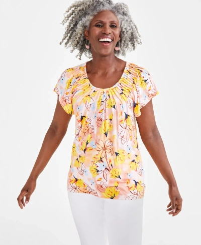 Style & Co Petite Floral Pleat-neck Knit Top, Created For Macy's In Arles Pink