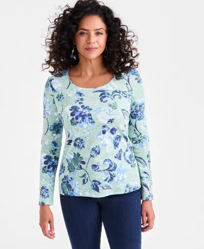 Style & Co Petite Floral-print 3/4-sleeve Top, Exclusively At Macy's In Green