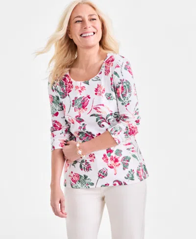 Style & Co Petite Floral-print 3/4-sleeve Top, Exclusively At Macy's In White